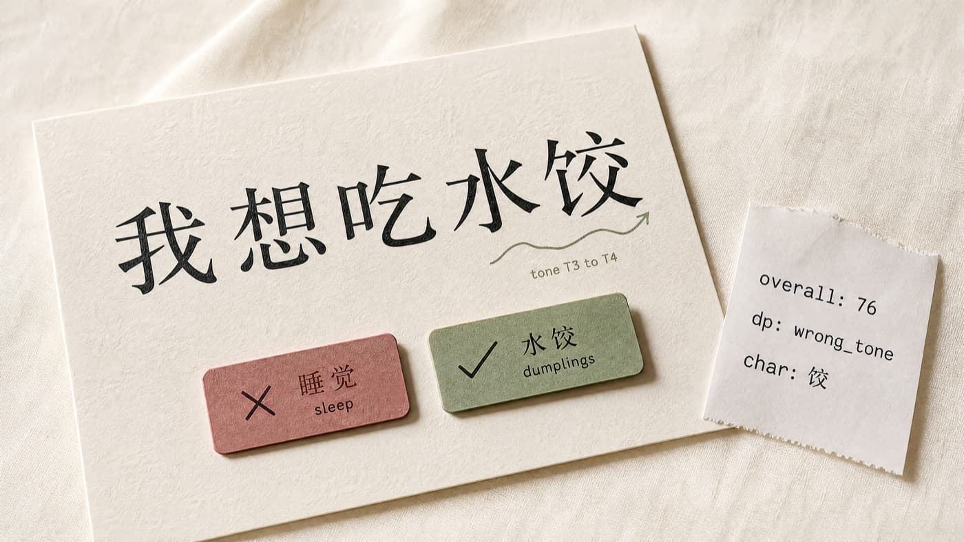 Mandarin 我想吃水饺 with STT vs MCP tone contrast and a compact JSON score