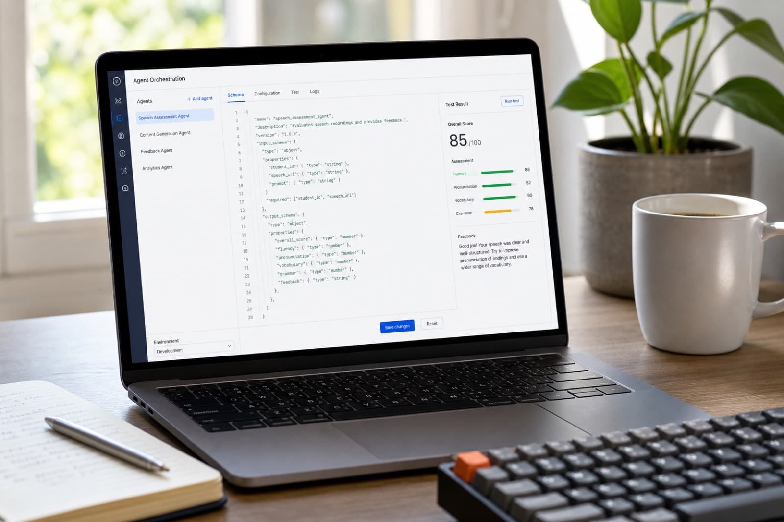 Developer desk with function-calling schemas and speech assessment results on a laptop