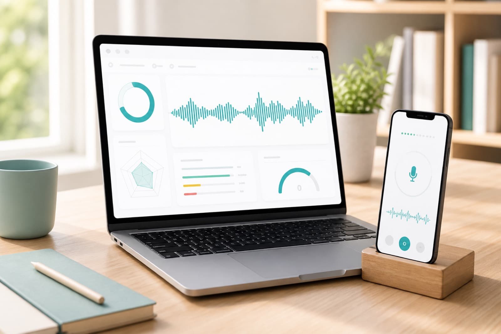 Speech assessment SDK on a laptop and phone with waveform scoring UI