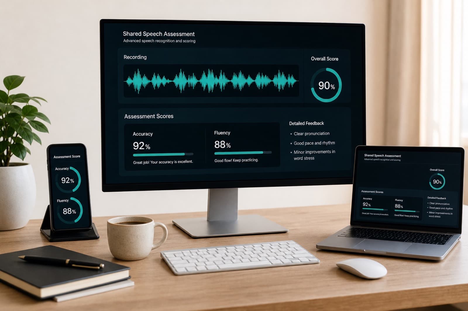 One shared speech assessment dashboard shown across monitor, laptop, and phone