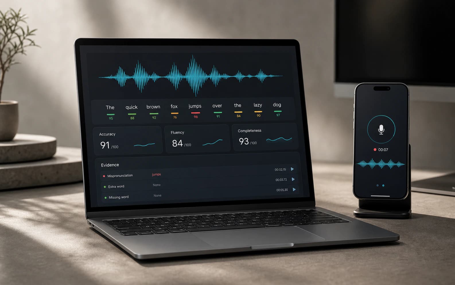 Premium speech assessment SDK dashboard with word-level scoring on laptop and phone