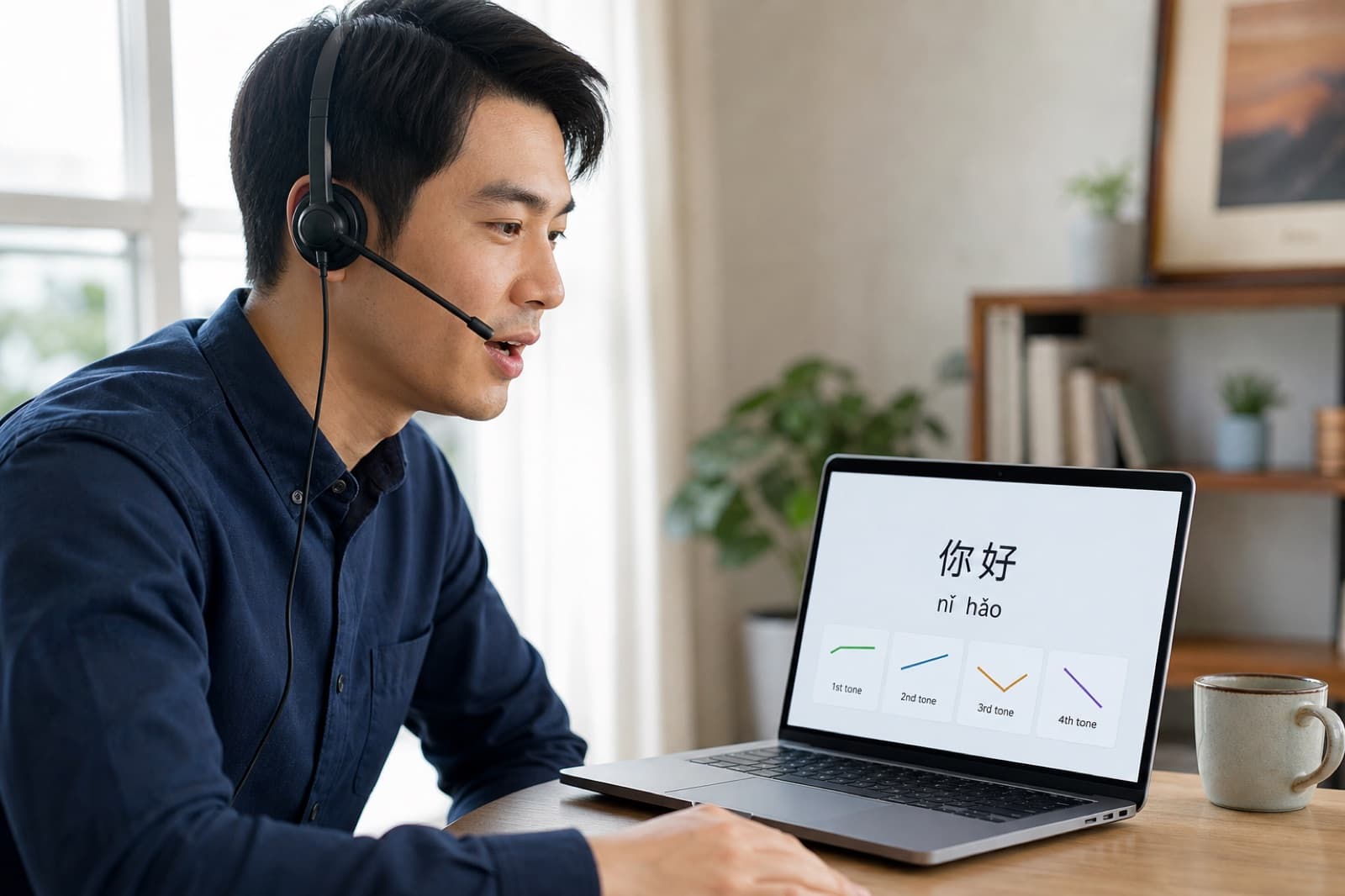 Learner practising Mandarin pronunciation with Pinyin and tone-contour feedback