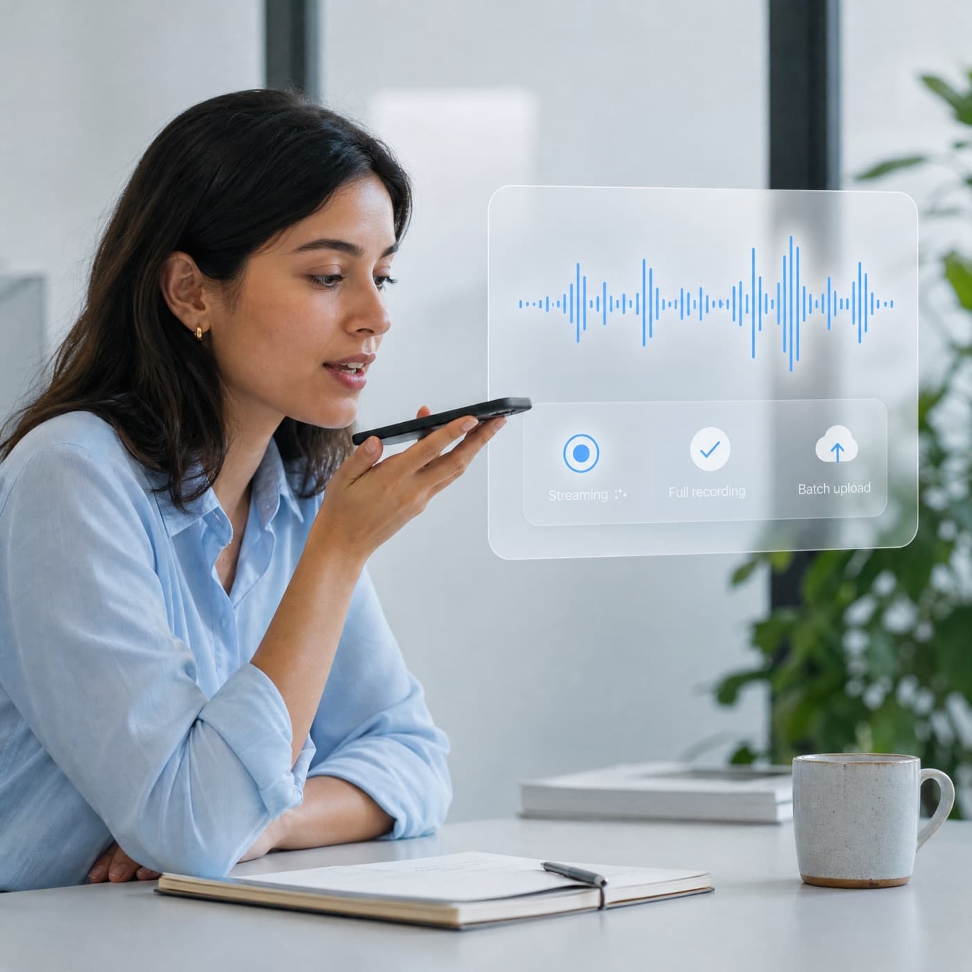 Learner speaking into a phone with streaming, recording and batch-upload controls