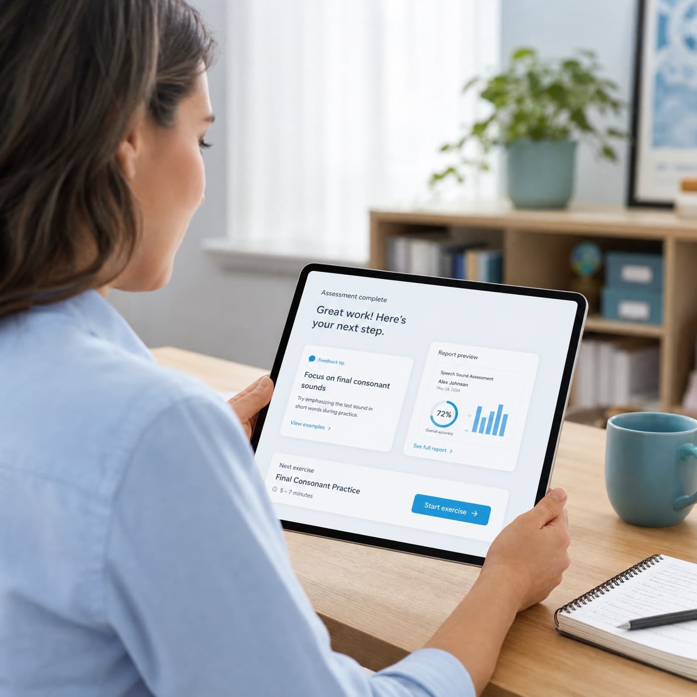 Assessment follow-up with feedback tip, report preview and next exercise CTA