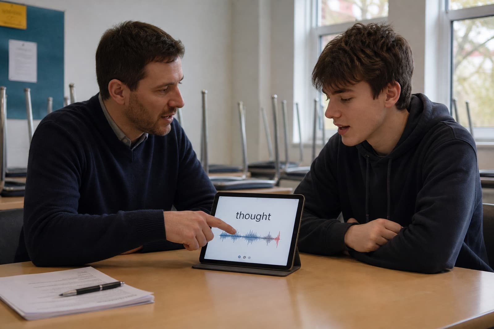 Teacher working with one student on a pronunciation follow-up after class