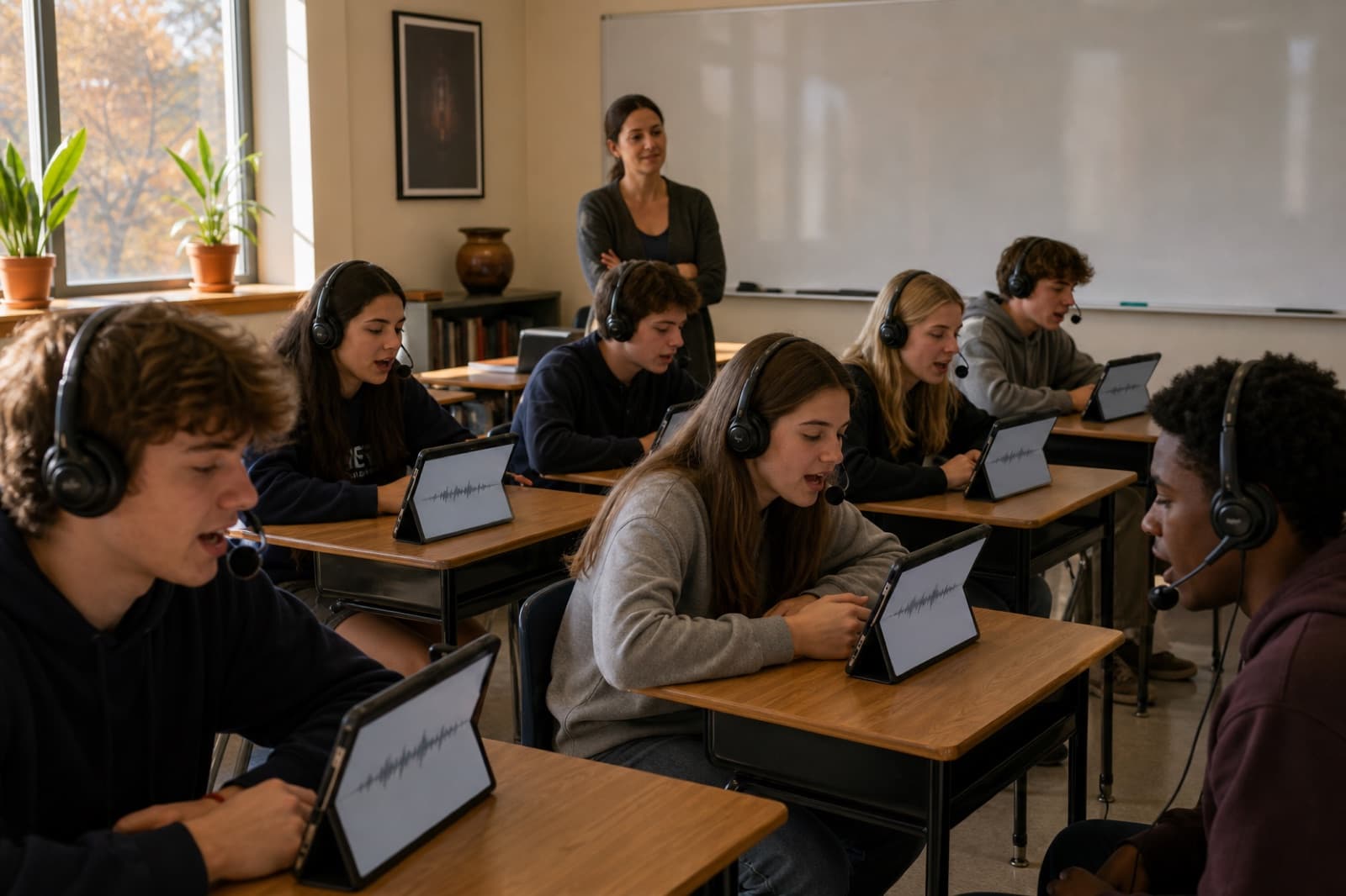 Secondary-school language class speaking the same prompt into tablets and headsets