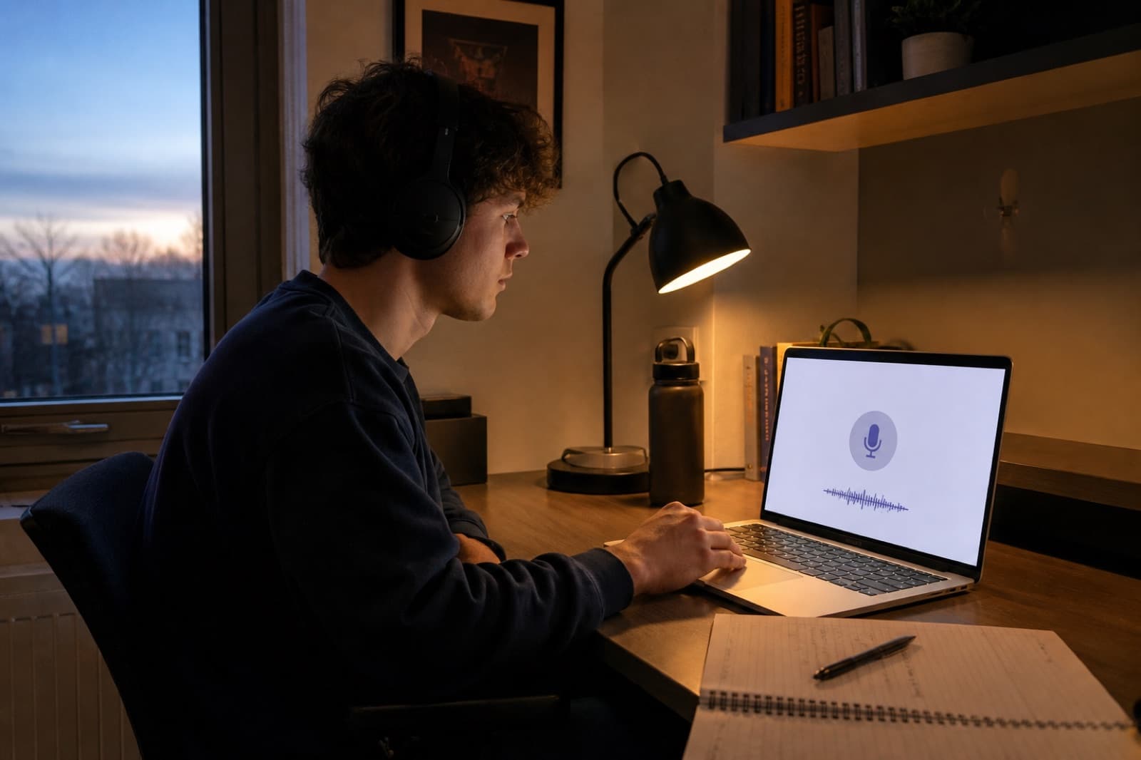 Student submitting a spoken homework recording from a quiet study desk