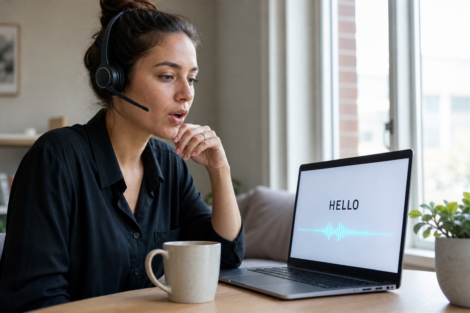 Adult learner speaking a language prompt into a laptop with a headset