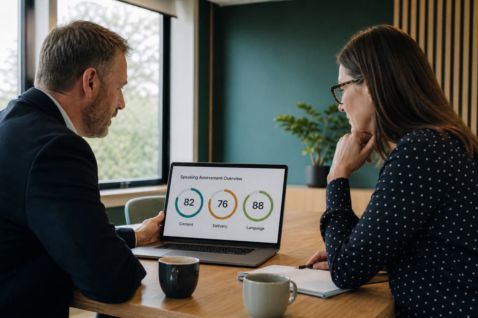 School leader and teacher reviewing speaking-assessment results in a meeting room