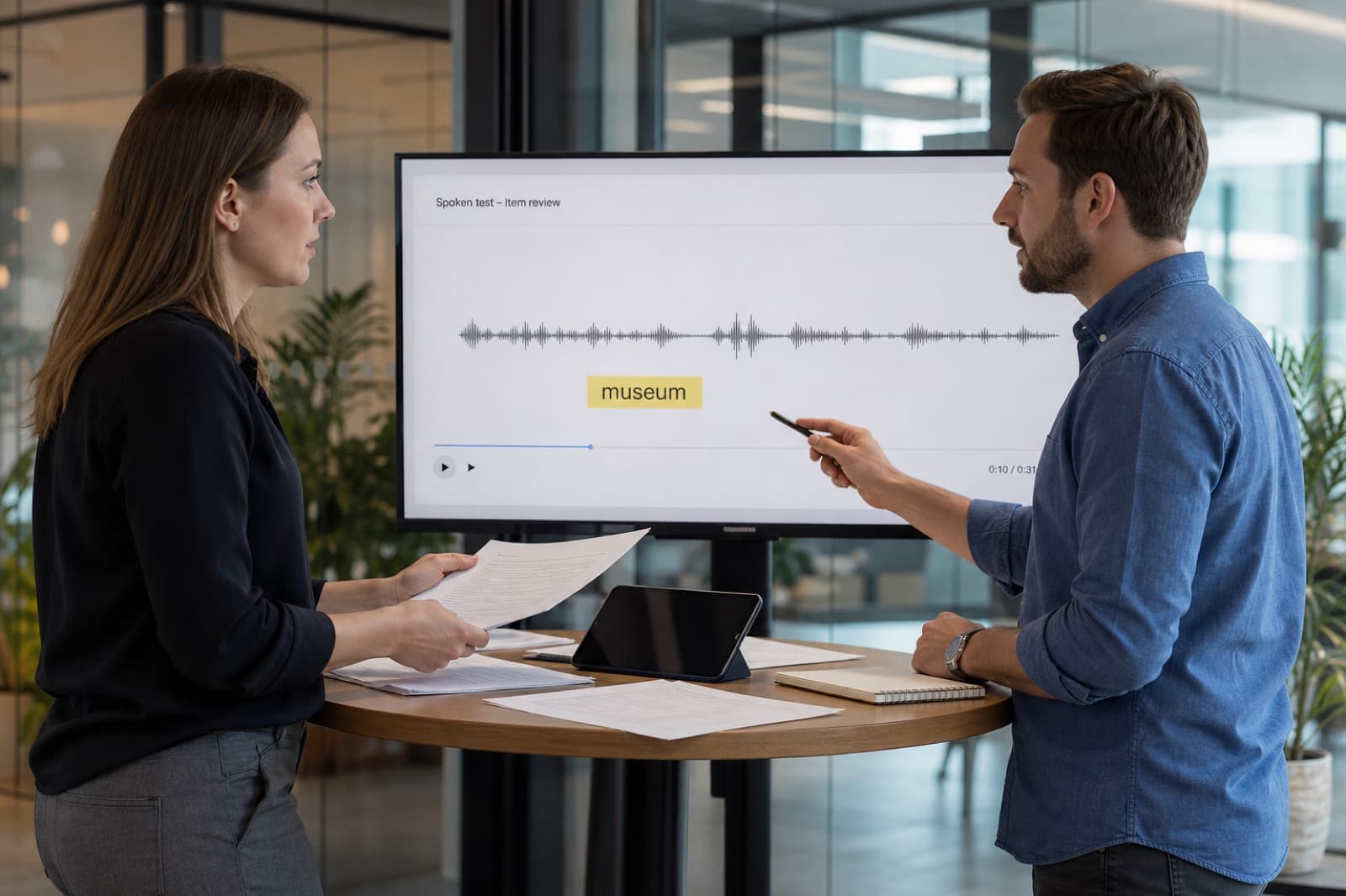 Assessment coordinators reviewing a speaking-test item and waveform together