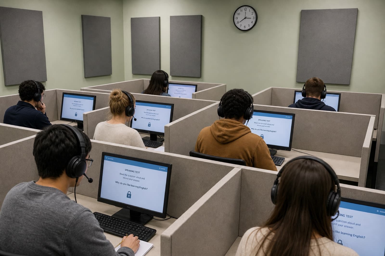 Students completing a computer-based speaking test in a quiet exam lab