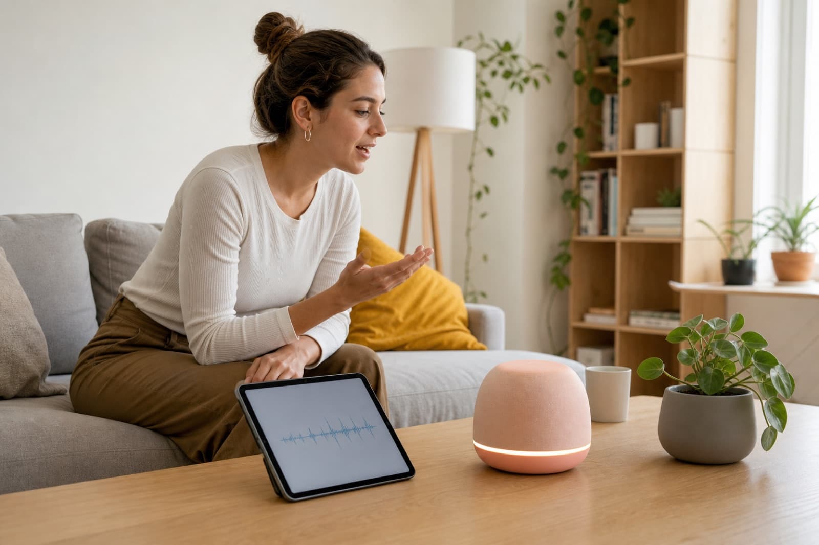 Adult learner speaking with a tabletop companion speaker and a simple waveform on a tablet