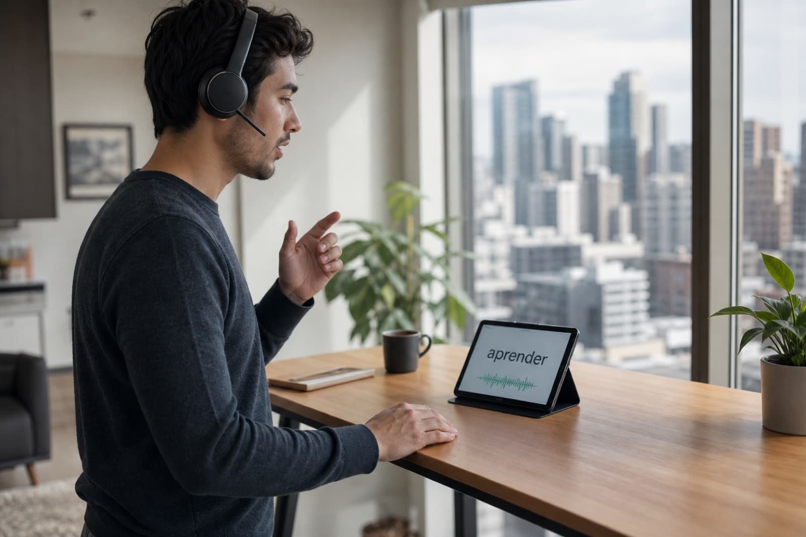 Adult learner doing a spoken drill with a wireless headset and a compact learning tablet
