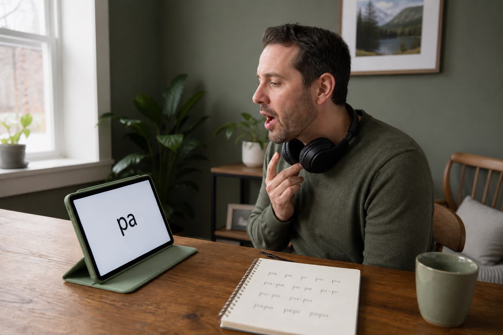 Adult completing an assigned speech-practice exercise on a tablet at home
