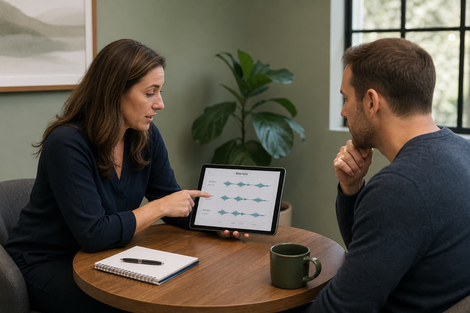 Speech coach and participant reviewing practice waveforms together in a calm studio