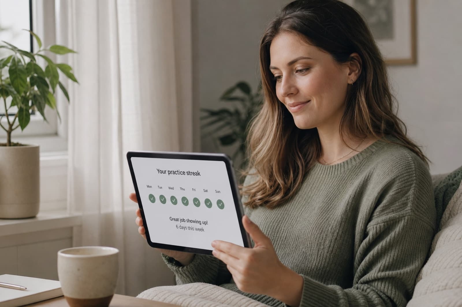 Adult reviewing a simple week-by-week speech-practice streak on a tablet