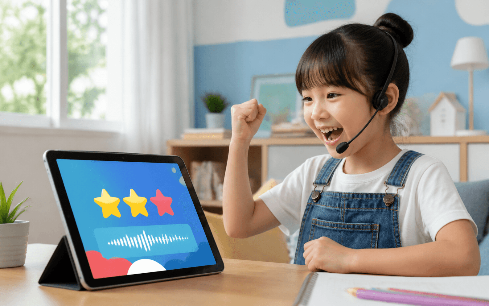 Young learner celebrating progress in a tablet speaking game
