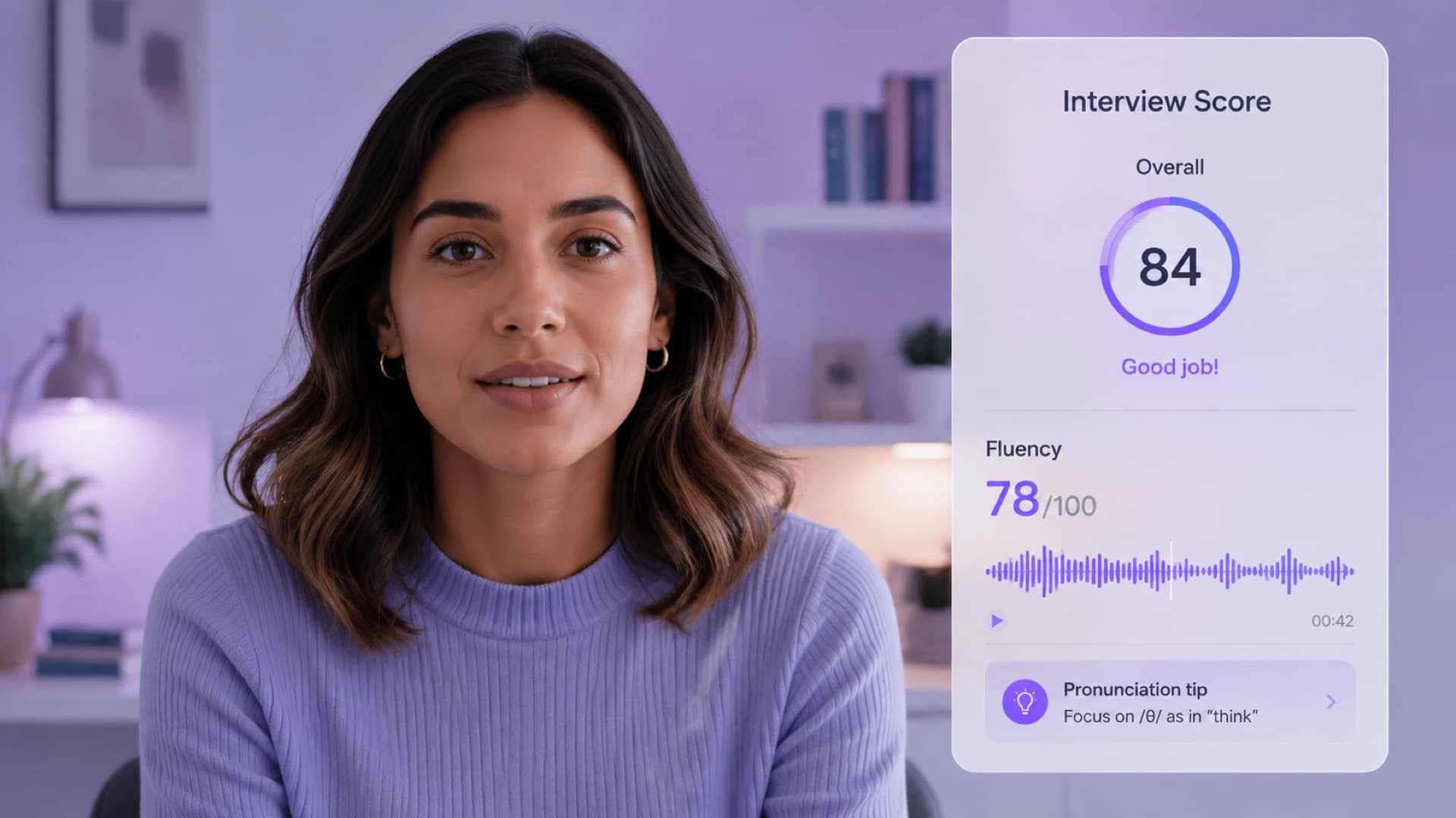 Voice agent returning an overall and fluency score with a pronunciation tip