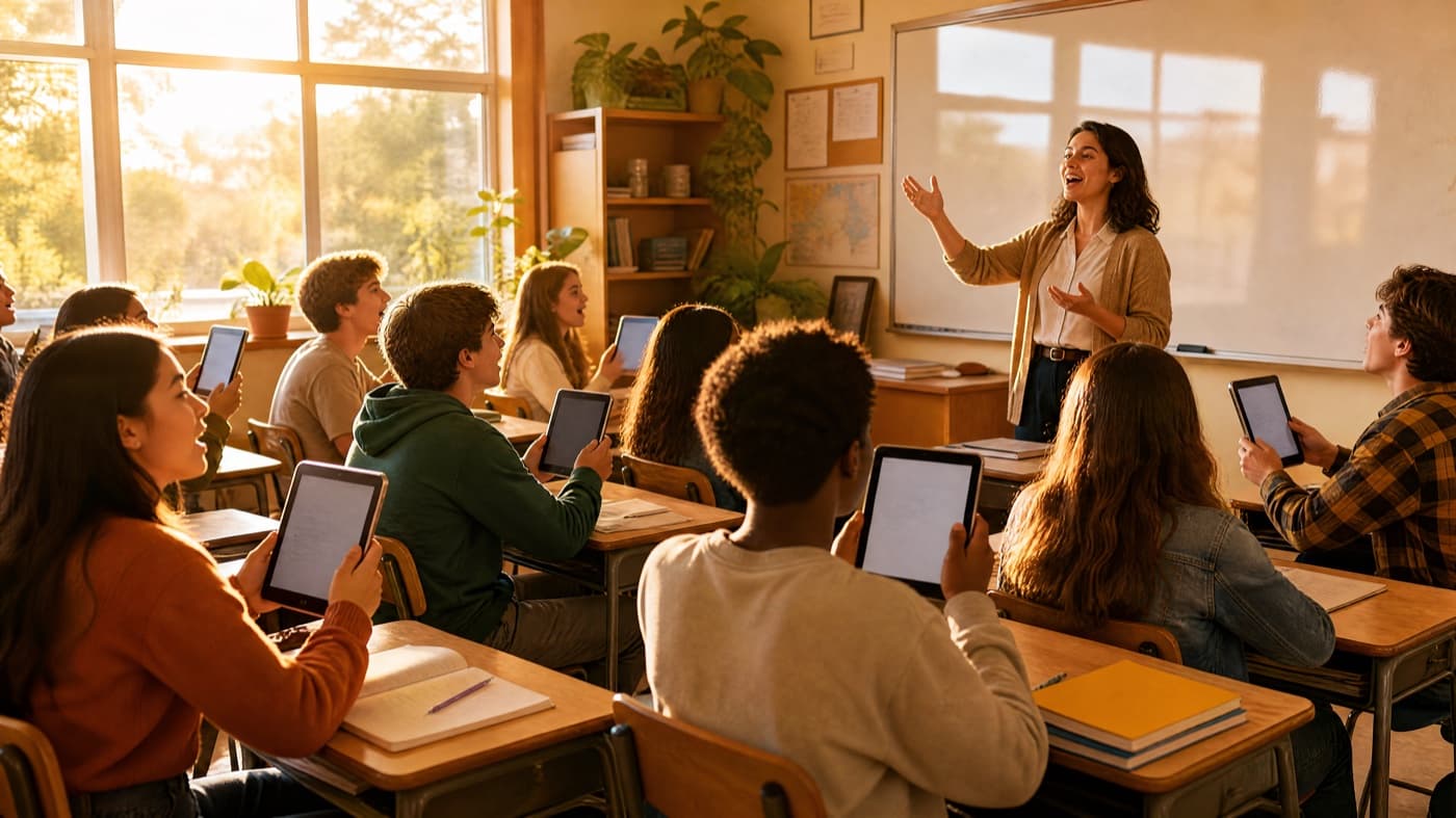 Teacher reviewing simultaneous spoken responses in a classroom