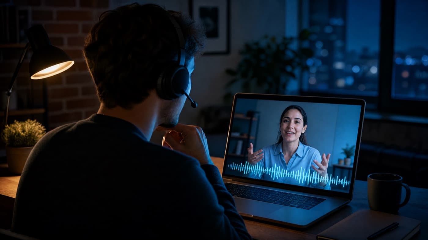 Learner completing an online speaking activity with automated feedback