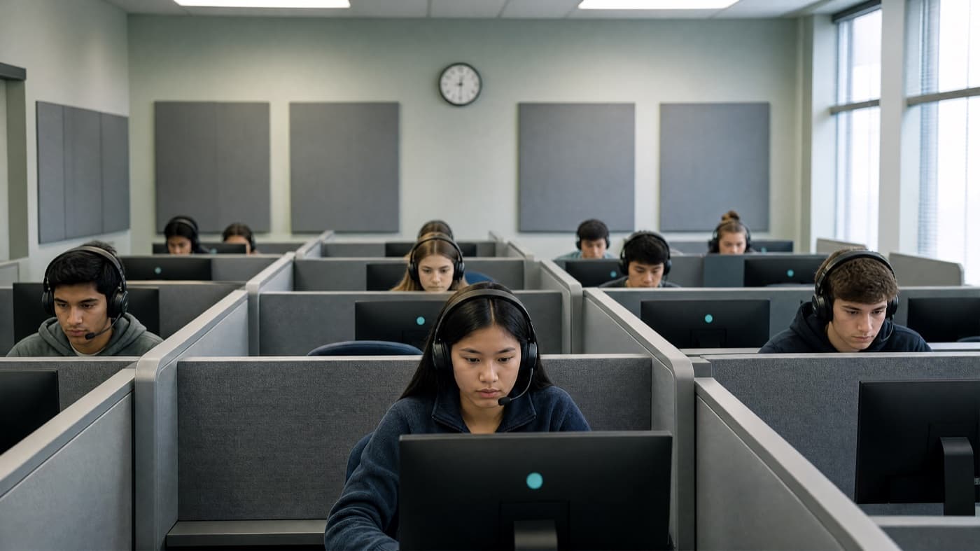 Students completing a computer-based speaking assessment in a school lab