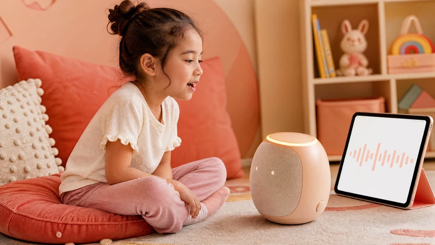 Child practising spoken language with a connected learning device