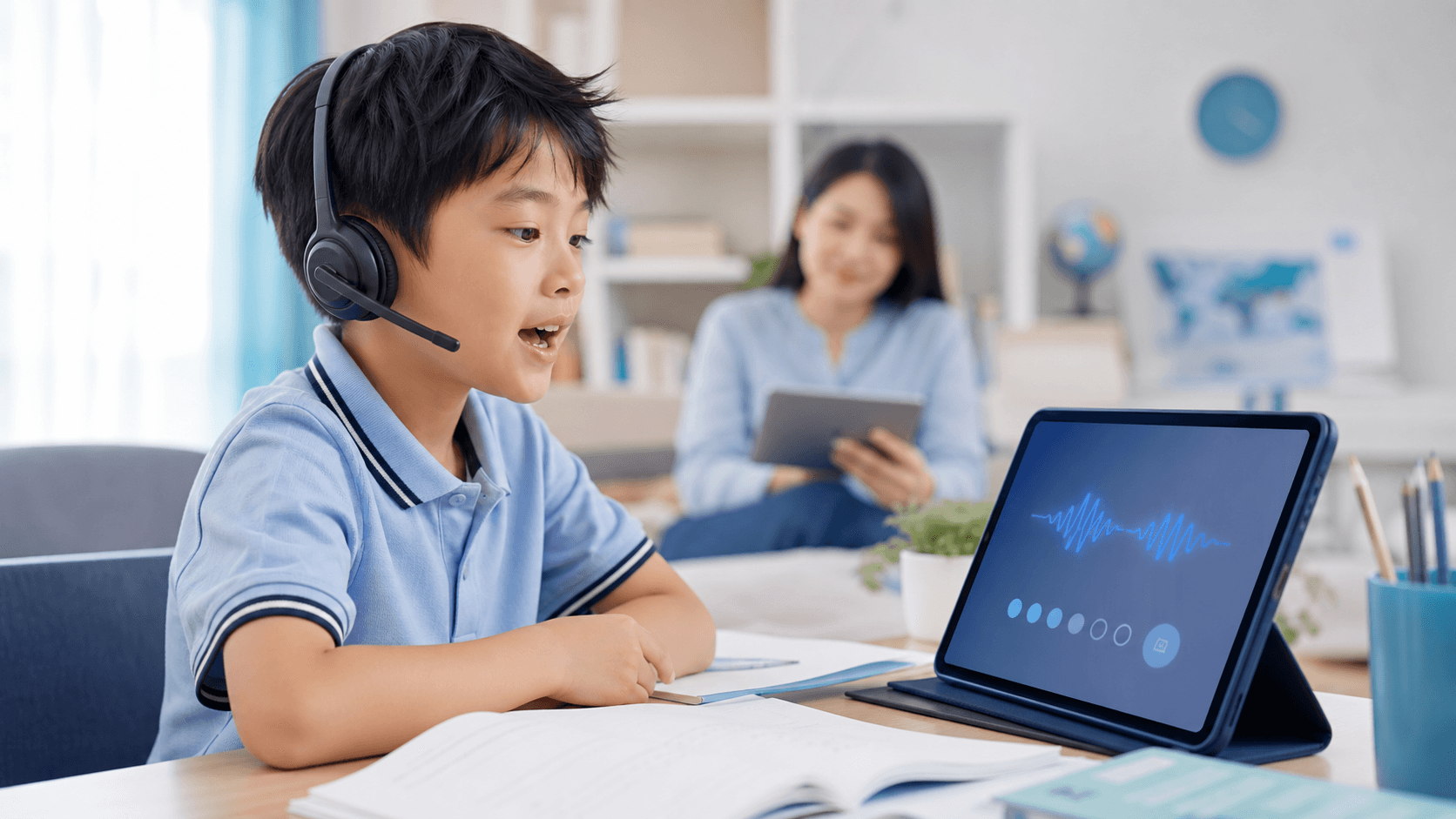 Young learner speaking into a headset while a parent reviews progress in a bright home learning space