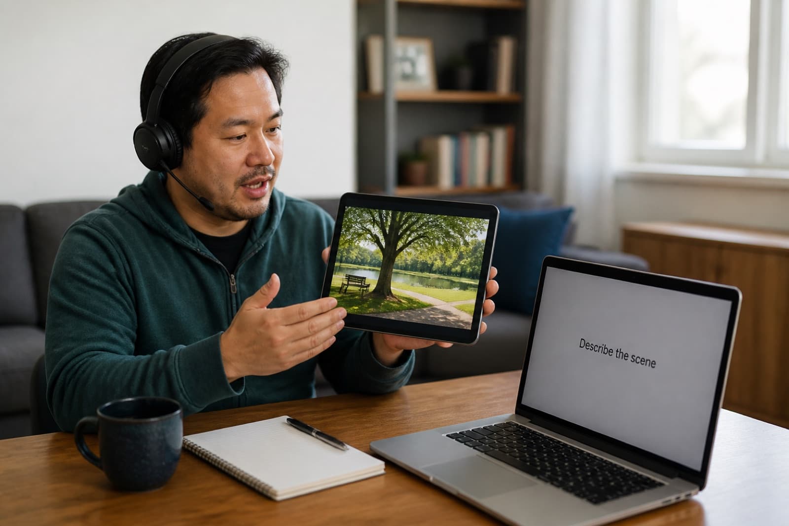 Adult learner describing a picture as an open English speaking task