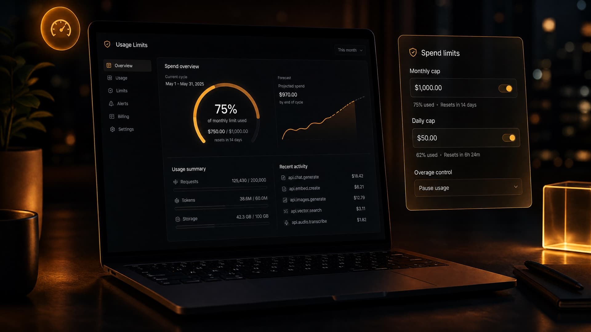 Spend limits gauge and monthly cap controls on a dark developer desk