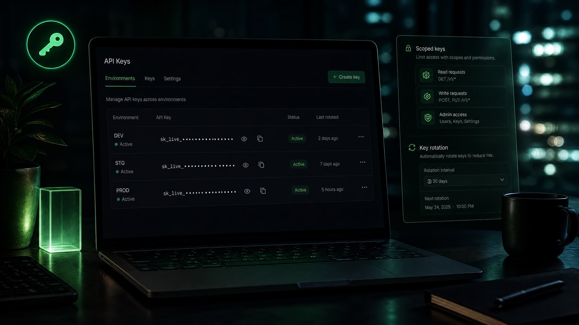 Dark-mode API keys dashboard for Dev, Staging and Production on a night desk