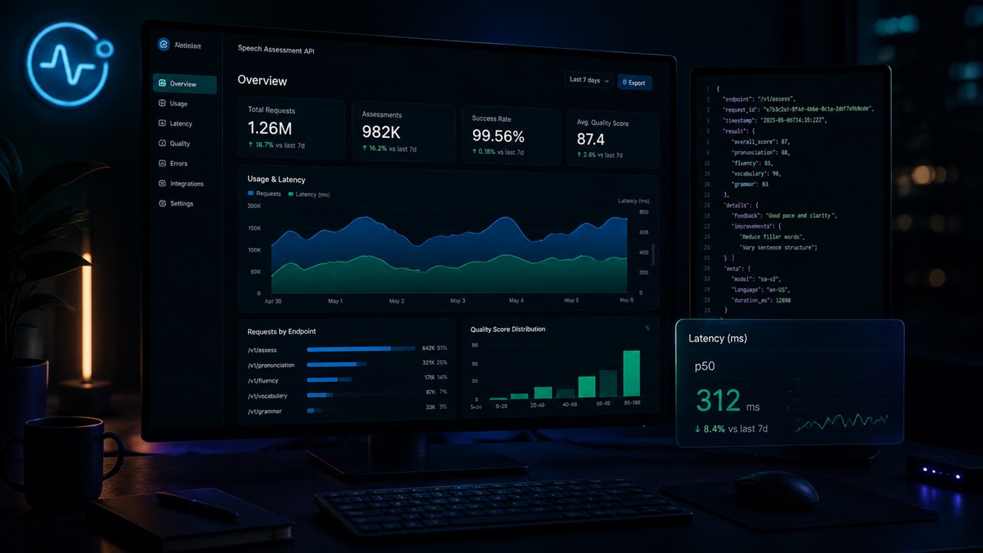 Usage and latency charts for the speech assessment API on dual monitors