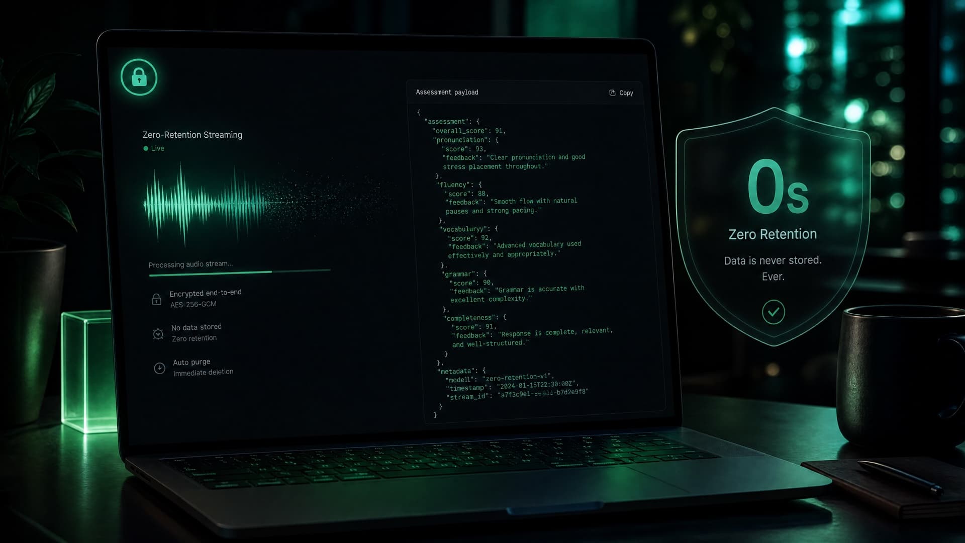 Stateless speech assessment streaming and zero audio retention